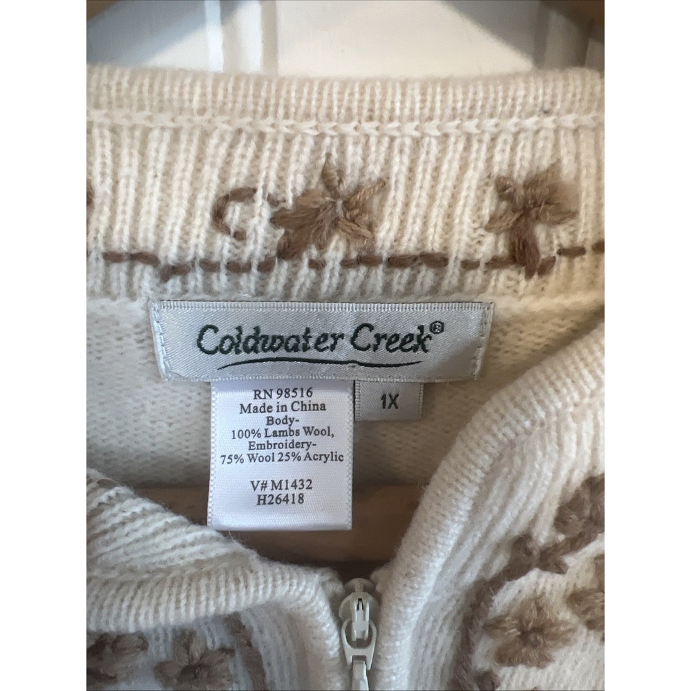 Coldwater Creek 100% lambs wool sweater embroidered brown flowers Cottagecore 1X - Picture 4 of 11